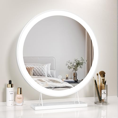 Heilmetz Vanity Mirror with Lights 48 cm Round, 3 Light Colours, Dimmable | Touch Control, Memory Function, Freestanding Base, White Frame, For Dressing Tables