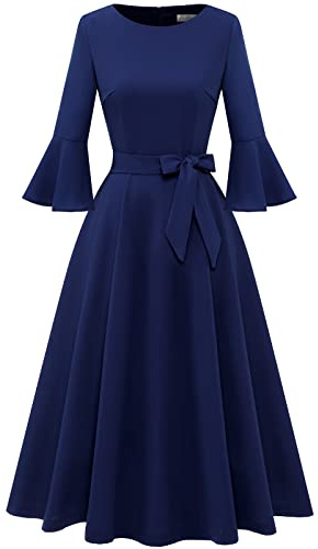 HomRain Kyrkklänningar för kvinnor 2025, bröllopsgäst, cocktail, tebjudning, klockad ärm, vintagestil, afton- och examensklänning, Marinblått Xsp, XL
