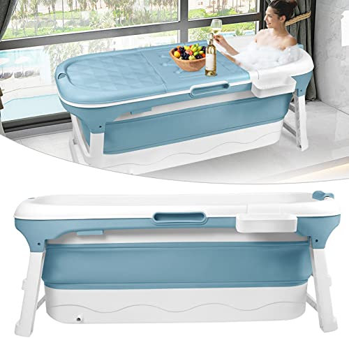HENGMEI Faltbare Badewanne Erwachsene XXL Mobile Tragbare Badewanne Mit Abdeckung Massagerollen und Badewannenablage, Blau (148 x 62 x 53 cm)