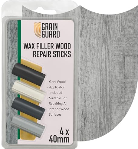 GRAIN GUARD Wax Filler Sticks Grey Wood 4 Pack – Repair Kit | Wood Filler Wax Sticks – Fills Scratches, Dents & Gouges in Floors, Furniture & Skirting – 4 Sticks, 40mm