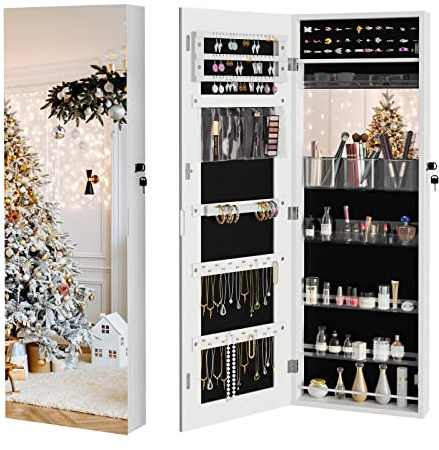 Dripex White Jewelry Organiser Mirror Wardrobe, Wall Mounted & Door Hanging Mirror, Lockable Jewelry Wardrobe with Large Storage