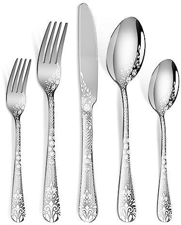 40 Piece Silverware Set, Stainless Steel Flatware Cutlery Set Service for 8, Mirror Polished Tableware Eating Utensils Set for Home Kitchen, Include Knife Fork Spoon Set, Dishwasher Safe
