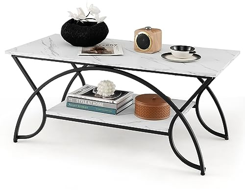 LIFEZEAL Tavolino da Salotto, Tavolino Basso a 2 Ripiani, Tavolino da Caffè, da Divano, Moderno, in Legno, Gambe Curve in Metallo, Montaggio Semplice, per Soggiorno, Max 70kg, 100x50x45cm, Bianco
