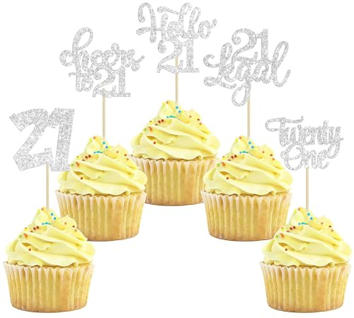 Gyufise 30Pcs 21st Birthday Cupcake Toppers - 24 Assorted Designs - Silver Glitter