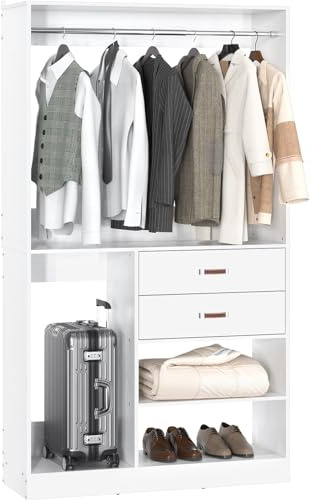 Armocity Freestanding Closet System with Suitcase Storage, 40 Inches Stand-Alone Wardrobe with 2 Wood Drawers, 80'' Height Adjustable Cloth Garment Rack, Walk-in Closet with Hanging Rod, White