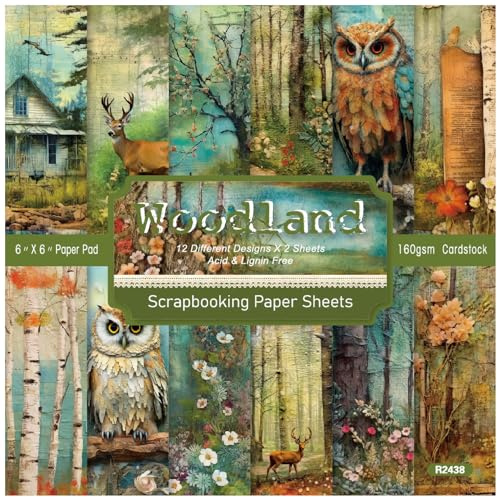 ZAKHSE Motivpapier zum Basteln, 48 Bögen Designpapier 15,2x15,2cm, Wald Eule Hirsch Einseitig Bedruckt Scrapbooking Papier, 12 Muster, Bastelpapier Bunt Dekorpapier DIY Handwerk Scrapbook Zubehör