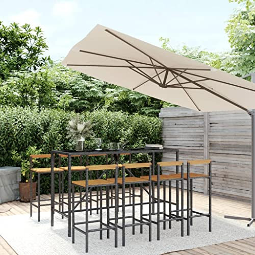KATERYY 9-TLG. Gartenbar-Set Schwarz Poly Rattan & Massivholz Akazie,Stilvolle Gartengarnitur aus Polyrattan: Komfort und Funktionalität für Garten, Terrasse und Außenbereiche