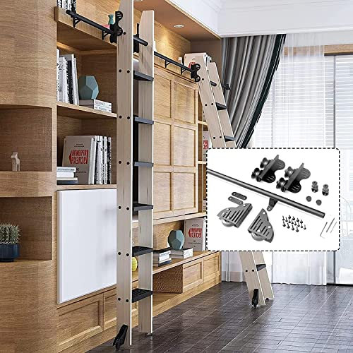 3.3ft to 20ft Barn Sliding Door Kit with Roller Wheels for Floor (No Ladder), Concealed Ladder Hardware Bookcase, Round Tube Movable Rail/Rail, Black