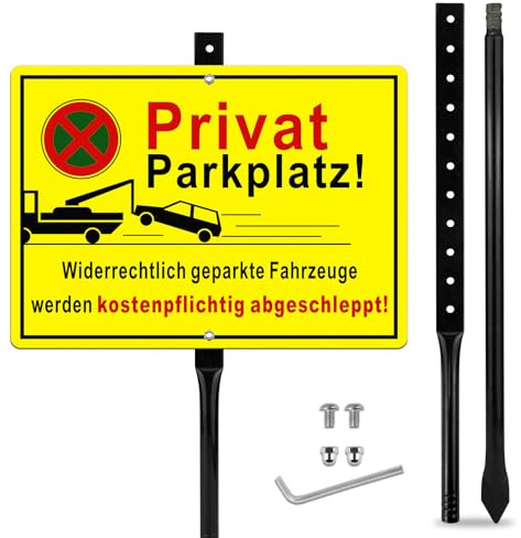 SINMAO Panneau d'interdiction de stationnement privé, taille XL - Avec poteaux - En aluminium - Avec trous pré-percés - 35 x 25 cm - Jaune - Pour parkings privés, parkings d'entreprise ou espaces