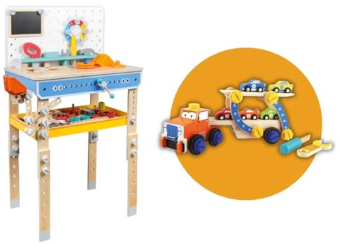 Leomark Holz Werkbank für Kinder mit 166 Zubehörteilen + Holz-Autotransporter mit Spielautos Mehrfarbiges Aktivitätscenter & Lernspielzeug Werkzeugbank ab 3 Jahren Holzspielzeug zum Schrauben & Bauen