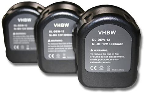 vhbw 3x batteria compatibile con Dewalt DW980, DW980K-2, DW981KD-2, DW979K2-BR, DW981KD2, DW981, DW980K2 utensile elettrico (3000 mAh, NiMH, 12 V)