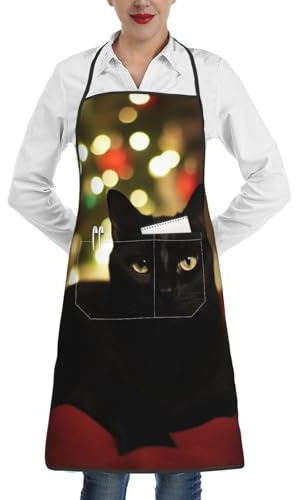 LHDGBWC Grembiule impermeabile per uomini e donne, grembiule da chef, regolabile, con tasche, motivo gatto nero, grembiule da cucina per cucina, barbecue, pulizia grill, bianco, taglia unica