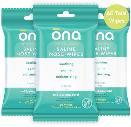 Ona Renewals Saline Nose Wet Wipes, Hydrates and Soothes, Made with Natural Saline with Aloe, Vitamin E, Chamomile, Hypoallergenic, Fragrance Free 20 Ct (Pack of 3)
