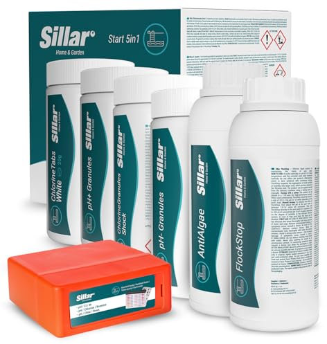 Sillar Pool Starter 7 in 1 Pool-Reinigungsset I Pool Zubehör I Pooltester pH/Cl-Messgerät, pH-Senker, Chlorgranulat, Klärmittel, Mittel gegen Algen, schrittweise Freisetzung von Chlor in Tabletten