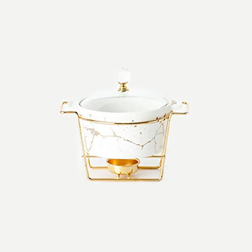 Ceramic Chafing Dish Buffet Set, Round Mini Food Warmers with Marble Finish, with Fuel Holder and Glass Lid Chafer Set for Buffet Weddings, Parties, Banquets, Catering Events, White