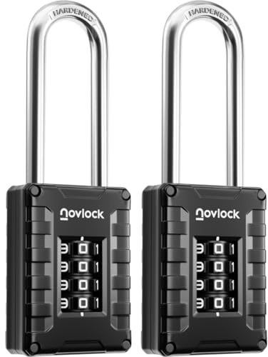 NOVLOCK Kombinationslås extra lång bygel 7 cm – hänglås med 4-siffrig kod, härdat stål – för skåp, grindar, skjul, förråd, garage och staket – 2-pack, svart