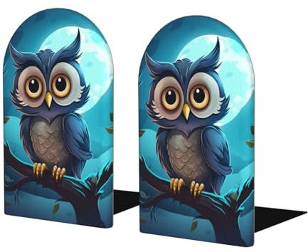 Mexpekil Buchstützen, niedliche Eule, Cartoon-Mond-Holz, Buchstützen für Regale, rutschfeste Buchstützen, 2 Stück, robuster Buchstopper, Halter für Büro, Bibliothek, Schule, Kinderzimmer