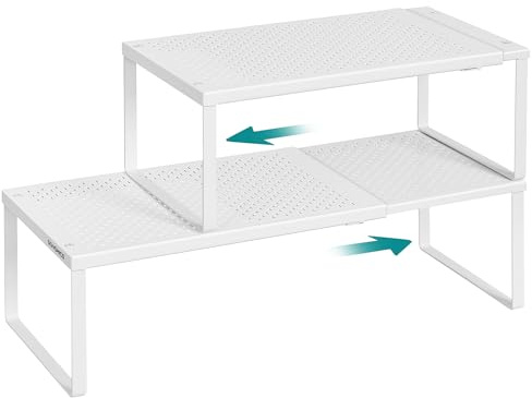 SONGMICS Spice Racks, Extendable Cupboard Organisers, Kitchen Countertop Shelves, Set of 2, Space-Saving Metal Storage, Matte White KCS402W01