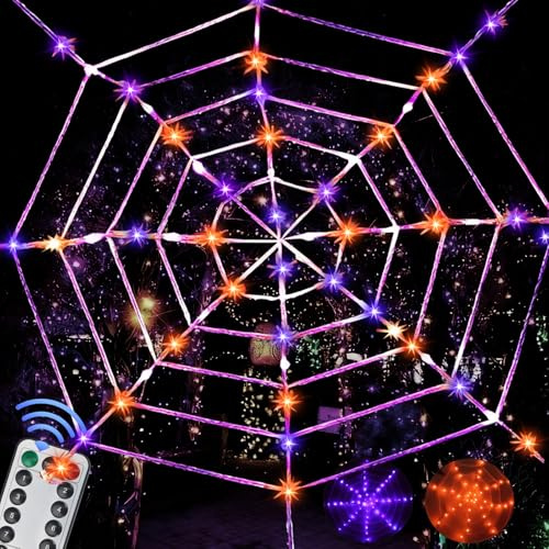 Ragnatela di Halloween, Ragnatela Luminosa LED 360CM con Telecomando, 184 Perle di Lampada, 8 Modalità di Llluminazione, Decorazione Spaventosa per Halloween da Esterno Interno