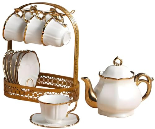Service à thé vintage en porcelaine 14 pièces avec support métallique, soucoupes plaquées or, service à thé européen en céramique, tasses ornées de fleurs pour femmes, pour 6 personnes (Classique)
