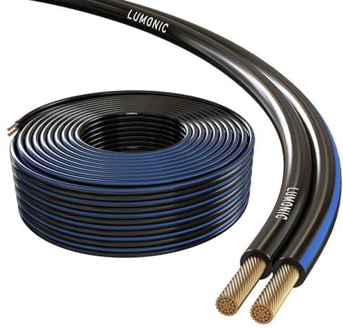 Lumonic Cavi per altoparlanti | 50m Nero | 2x 4mm² CCA | Marcatura blu Cavo per diffusori HiFi | Linea audio doppia