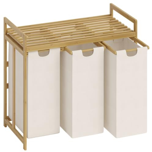 Bellamio Newa Wäschekorb 3 Fächer – Bambus Wäschesammler mit 1 Ablagefläche – 3x50 L Wäscheboxen – Wäschesortierer mit ausziehbaren & abnehmbaren Wäschesäcken in Beige – Schmutzwäschebehälter