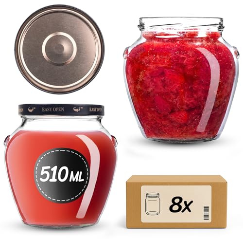 KADAX 8er Set Einmachgläser 510ml TO82, Sturzgläser Mason Jar mit Schraubdeckel, Luftdichte Twist-off Gläser, Meal Prep, Overnight Oats, Sauerteig (Schwarz/Gold)