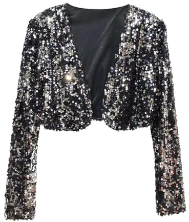 PINTUTU Coprispalle Donna Elegante Curvy Giacca Corta Brillante Bolero Paillettes Cardigan Glitter Copri Spalle Aperto Manica Lunga Crop Tops Corto per Capodanno Sera Cerimonia Cocktail
