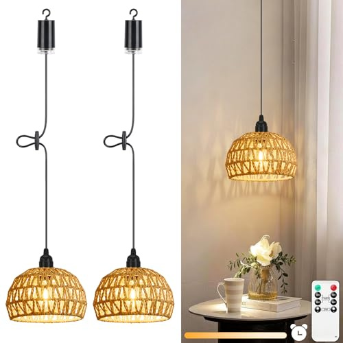 Lightess 2x Hängelampe mit Batterie Pendelleuchte Akku Dimmbar Boho IP65 | Natürlicher Rattan-Lampenschirm, kabellos ohne Stromanschluss, Fernbedienung mit 4 Helligkeiten & Timer für Innen Außen