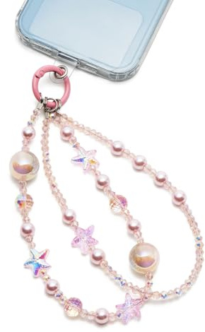 WOZEAH Pink Phone Charm for Women, Crystal Beaded Wrist Strap Lanyard with Tether Tab – Anti-Theft Hands-Free Detachable Phone Chain Wristlet（Star Double Chain）