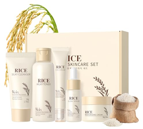 Reis Skincare Set,Korean Skincare Set Damen Skin Care Glättet die Haut, Rice Gesichtspflege Set mit Reiniger, Serum, Rice Toner, Cream, Augencreme, Feuchtigkeit Hautpflege Geschenkset 5 Stück