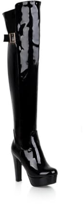Bottes à Talons Hauts pour Femmes, en Cuir Verni Brillant avec Une Boucle élégante,Noir,37 EU