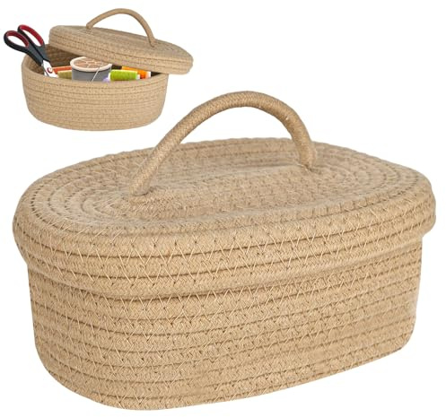 YHNDECO Cesta de almacenamiento de cuerda de algodón con tapa, cesta de algodón tejido, cesta con tapa de algodón, cesta de cuerda de algodón trenzado para baño, estantería, habitación infantil 23 cm