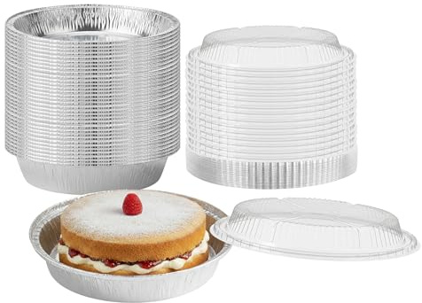 TENLITE 50 Pack 9 Inch (1300ml) Round Aluminium Foil Trays with Clear Dome Lids – Heavy-Duty Disposable Containers for Baking, Pies, Tarts, Custard Desserts, Meal Prep, Takeaway, Freezer & Catering.