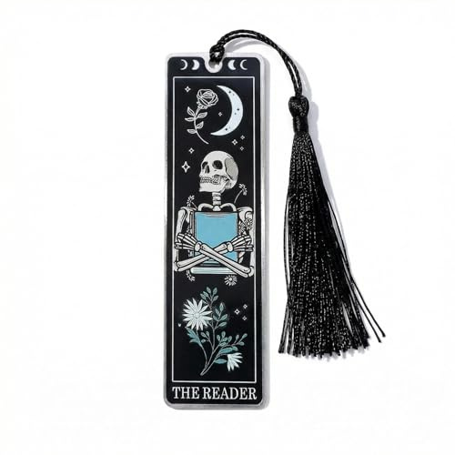 Gothic Bookmark with Skeleton Tarot Design - Black Metal Horror Skull Bookmark with Elegant Tassel, Unique Gift for Book Lovers Women & Men, Halloween & Christmas