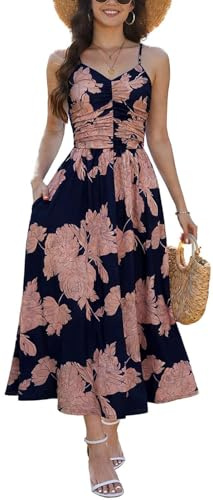 Joligiao Vestido Largo Mujer Verano Sin Mangas Vestido de Playa Verano Informal con Bolsillos Casual Vestidos Cuello en V con Tirantes Vestidos Floral Bohemio Vestido de Fiesta(Marino,XL)