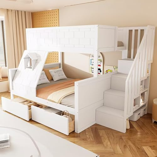 FammyLoft Hochbett Kinder mit Stauraum, 90 * 200+140 * 200cm Etagenbett mit Schubladen und Fenster, Stockbett für 2 Kinder, Stauraumbett, Jugendbett, Kinderhochbett, Ohne Matratze, Weiß