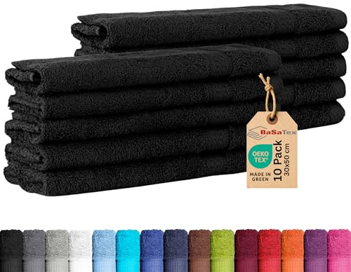 BaSaTex Frottee Gästehandtuch, 10er Set, 30x50cm, Schwarz | 100% Baumwolle-Frottee, Öko-Tex Made in Green Zertifiziert, Aufhängeschlaufe, 500gm², saugstark und langlebig