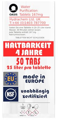 LevinQ Wasserreinigungstabletten [50Stk] *NSFgeprüft* Vorteilspack 100% keimfreies Trinkwasser 25Ltr/Tablette + Handschuhe PE | Wasserentkeimungstabletten fur Krisenvorsorge Outdoor, Notfall