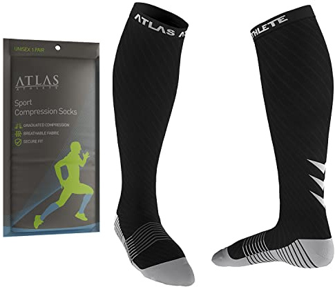 Atlas Athlete Sport Kompressionsstrumpor för Herr och Dam - Ideala för Löpning Cykling Skidåkning Promenader - Graderad Kompression, Andningsbara Löparstrumpor, Heldagskomfort - 1 Par (Svart, S-M)