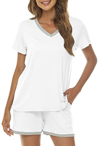MoFiz Pijamas Mujer Verano Suave Conjunto de Pijama Corto Ropa de Dormir 2 Piezas Shorts y Camiseta Blanco XL