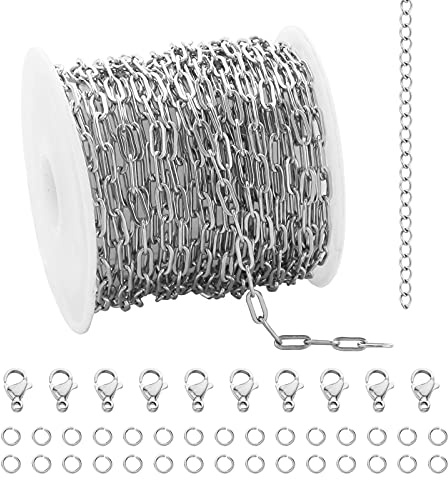 UMAOKANG 16.4 Feet Silver Stainless Steel Chains for Jewelry Making Cable Long Craft Link Chain Roll Paperclip Necklace Chains Bulk with Jump Rings Lobster Clasps Extender Chain