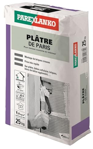 PAREXLANKO - Plâtre de Paris - 25kg | Plâtre fin intérieur - Réparation, rebouchage et scellement - Prise très rapide - Application facile