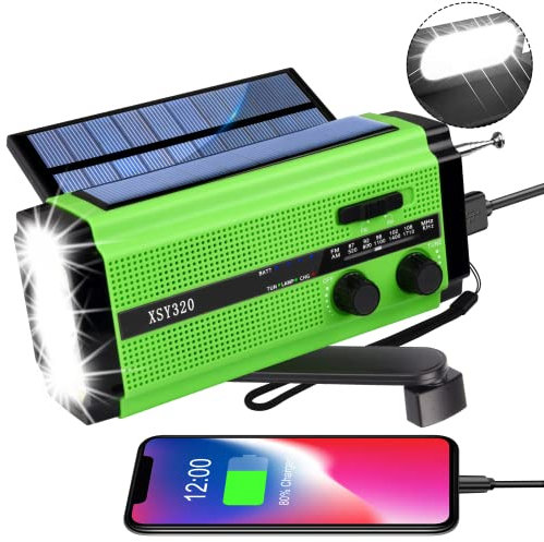 YIKANWEN Radio Solar Portátil, Radio Am/FM con Manivela y Batería Recargable 5000mAh, Linterna LED, Luz de Lectura y Alarma SOS para Camping y Exteriores (Verde)