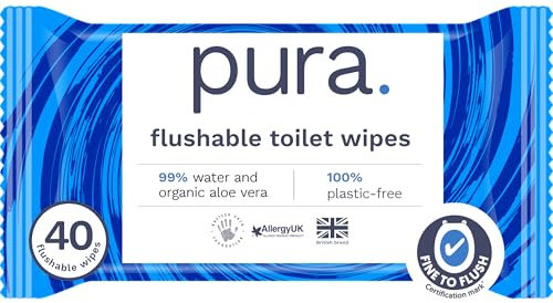 Pura Flushable Moist Toilet Tissue Wipes, 1 Pack of 40 Wet Wipes, 100% Plastic Free, 99% Water Clean Washlets, Certified ‘Fine to Flush’ Biodegradable, Compostable, Vegan, Gentle Clean