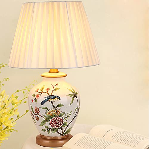 Mengjay Klassische Vintage Art Keramik Tischlampe, Vase-Like-Tuch Lesebuch-Licht Schreibtischlampe Porzellan-Antike Blumen verzierte Nacht Birne Beistelltisch Dresser (B)