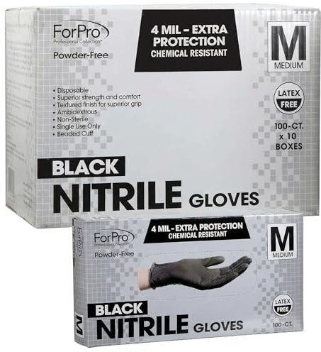 ForPro Professional Collection Guanti monouso in nitrile resistenti agli agenti chimici, senza polvere, senza lattice, non sterili, per uso alimentare, 4 mil, nero, taglia M, 1000 pezzi