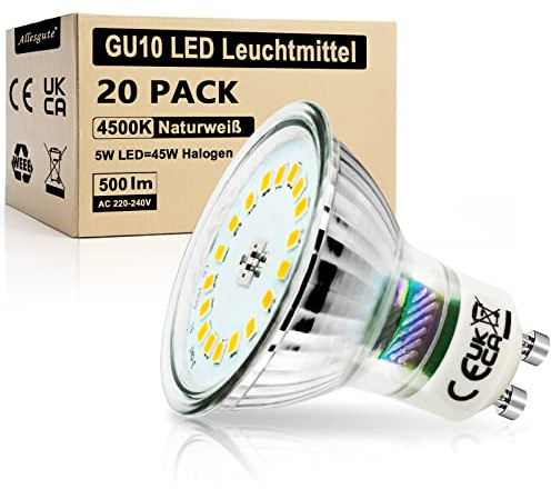 Allesgute GU10 LED 5W LED Lampe Glas Neutralweiß 500lm LED Birnen 45W Ersatz Base Classic Strahler Leuchtmittel, Nicht Dimmbar 20er pack