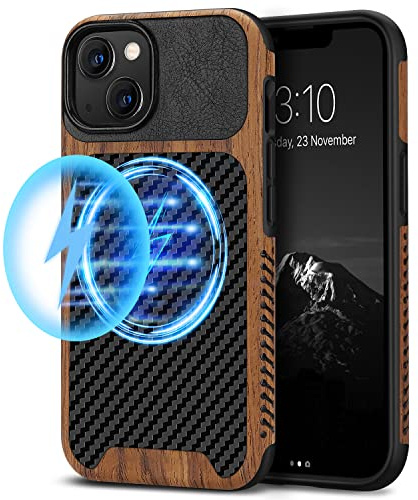 TENDLIN Magnetische Schutzhülle Kompatibel mit iPhone 13 Hülle Holz und Carbon Textur Design Leder Hybrid Handyhülle (Kompatibel mit MagSafe) Schwarz