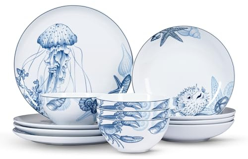 Minh Long 12-PCS Porcelain Coastal Dinnerware Set, Plates, Bowls, Service for 4, Chip & Scratch Resistant, Oven Safe up to 482°F, Non toxic, Lead & Cadmium Free, Stackable, Dishwasher & Microwave Safe